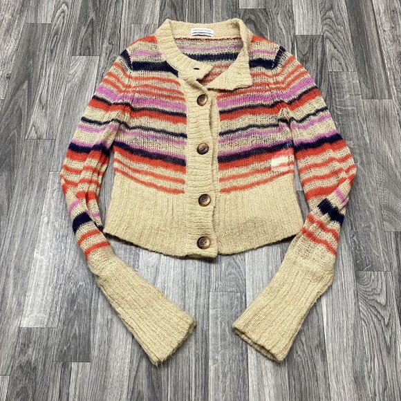 URBAN OUTFITTERS Button Down Round Neck Tan Striped Cardigan Sweater Women's L - Picture 4 of 12